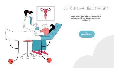 Medical tests ultrasound modern flat vector concept digital illustration of ultrasonography procedure -doctor examing patient pregnant woman scanner, medical office or laboratoryのイラスト素材