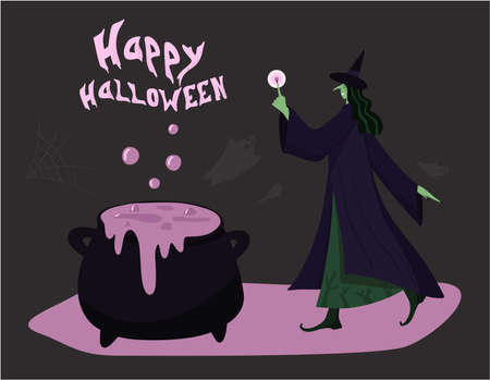 Silhouette of a witch who is cooking a potion in a cauldron. Vector illustration in cartoon style.のイラスト素材