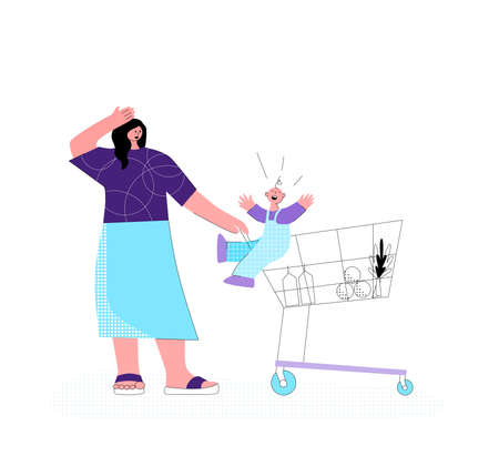 Tired exhausted mother with naughty kids. Brawl in the Family.The negative aspects of family relationships.のイラスト素材