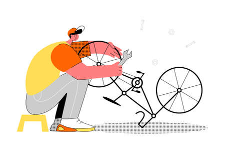 Bicycle repair male female mechanics service isometric set with tandem bike pump saddle wheels frame vector illustrationのイラスト素材