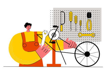 Bicycle repair male female mechanics service isometric set with tandem bike pump saddle wheels frame vector illustrationのイラスト素材