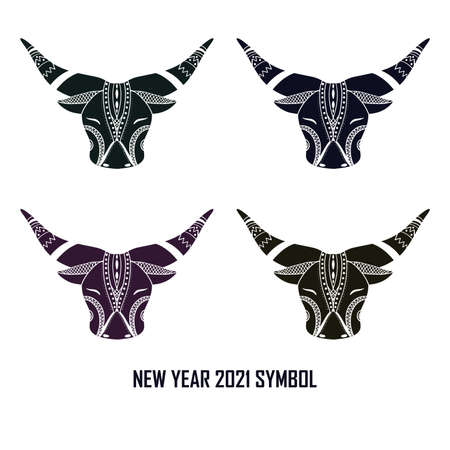 Chinese Zodiac. Chinese Animal astrological sign. Cow. Vector Illustration.Black African bull with ornaments. Symbol of 2021のイラスト素材