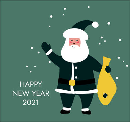 Set of Merry Christmas and New Year greeting cards with Santa Claus, fur-tree, bag with gifts. Holiday cartoon vector illustration. Colorful funny hand drawn template.のイラスト素材