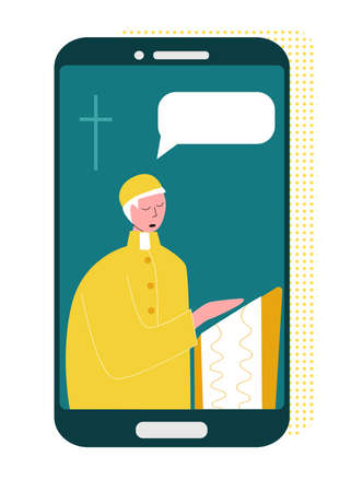 Vector flat illustration priest who prays over Bible online Concept Church and Liturgy online. It can be used in web design, banners, etc.のイラスト素材