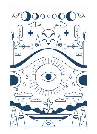 Celestial illustration for astrology, divination, magic. The device of the universe, crescent moon and sun with moon on a blue background. Esoteric vector illustrationのイラスト素材