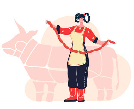 Butcher woman. Female profession. Feminism. Fresh meat and meat products Meat market worker. Isolated vector illustrationのイラスト素材