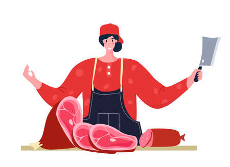 Butcher woman. Female profession. Feminism. Fresh meat and meat products Meat market worker. Isolated vector illustrationのイラスト素材