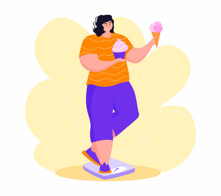 A young obese woman eating sweet junk food. A girl get on the scales to get rid of belly fat. Obesity.のイラスト素材