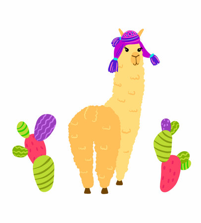 Cute Lamas with mountains and cactus in vector.のイラスト素材