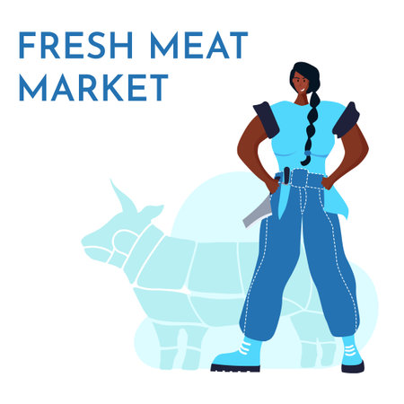 Butcher african woman. Female profession. Feminism. Fresh meat and meat products Meat market worker. Isolated vector illustration. Black girlのイラスト素材
