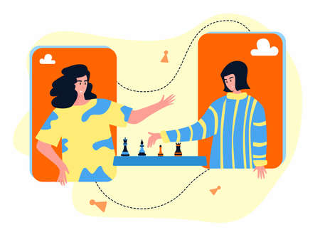 Chess game. Trendy flat illustration. People play chess.Teamwork and competition. Chess pieces. Vector graphics.のイラスト素材