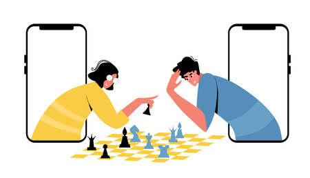 Chess game. Trendy flat illustration. People play chess. Chess pieces.のイラスト素材