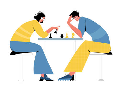 Chess game. Trendy flat illustration. People play chess. Chess pieces.のイラスト素材