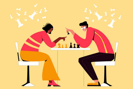 Chess game. Trendy flat illustration. People play chess. Chess pieces.のイラスト素材