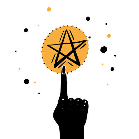 Hand drawn illustration of witches hand and tarot cards. Magic symbols. Flat and cartoon style. Wicca magic Tarot card. Boho chic line art tattoo, poster or altar veil print design.のイラスト素材