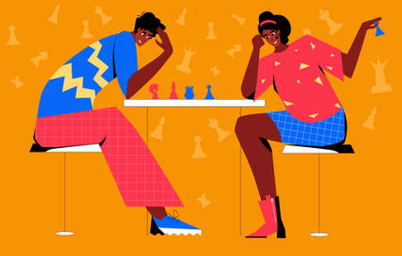 Chess game. Trendy flat illustration. People play chess. Chess pieces.のイラスト素材