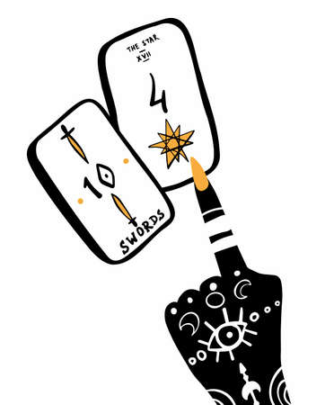 Hand drawn illustration of witches hand and tarot cards. Magic symbols. Flat and cartoon style. Wicca magic Tarot card. Boho chic line art tattoo, poster or altar veil print design.のイラスト素材