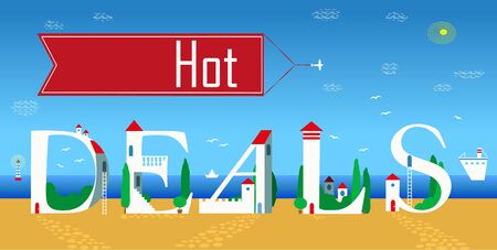 Inscription Hot deals. Cute white houses on the coastのイラスト素材