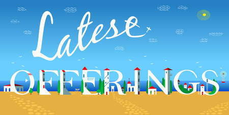 Inscription Latest offerings. Cute white houses on the coastのイラスト素材