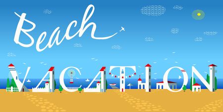 Inscription Beach vacation. Travel card. Artistic font. Cute white houses on the coast. Plane in the sky. Illustrationのイラスト素材