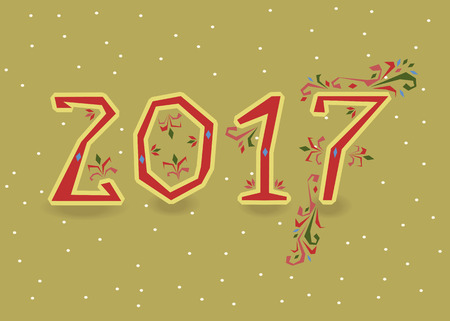 Happy New Year 2017. Calendar template. Red,  symbols with floral decor. Country font. Celebration background with confetti. Greeting card. illustration.のイラスト素材