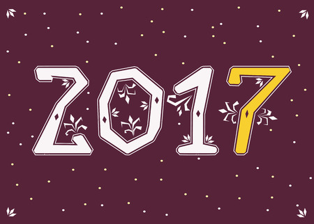 2017. Calendar template. . White and yellow numerals with floral decor. Celebration purple background with white confetti. Greeting card. illustration.のイラスト素材