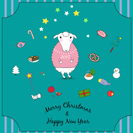 Cartoon christmas sheep with pink pullover and skates. Happy New Year 2017. Merry Christmas. Festive objects - candies, cookies, snoman and others. Vector illustrationのイラスト素材