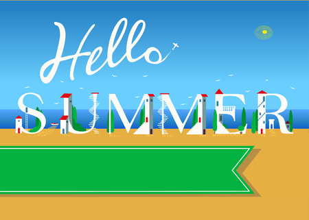 Hello summer. Travel card. White buildings on the summer beach. Green banner for custom text. Plane in the sky.の写真素材