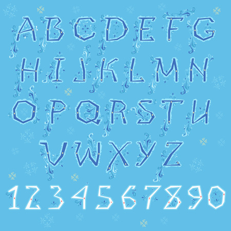 Winter Alphabet. Blue letters and white numbers with floral geometric decor. Vector Illustrationのイラスト素材