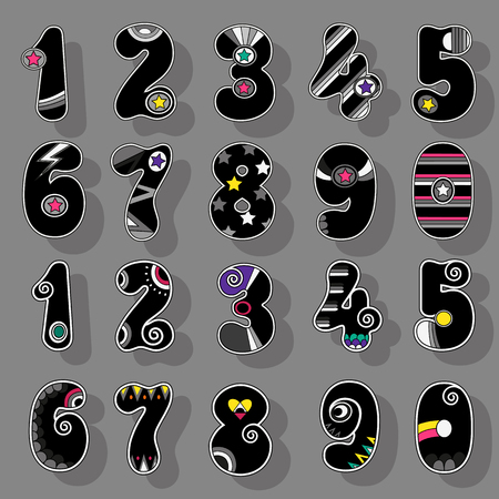 Numbers Set. Black Signs with Bright Decor. Superhero and Disco Styleのイラスト素材