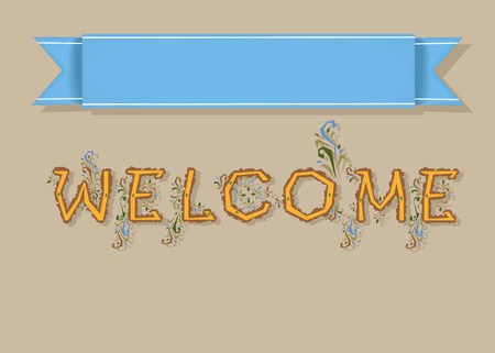 Welcome. Pink Card with Blue Banner for custom text. Yellow letters with floral decorの写真素材