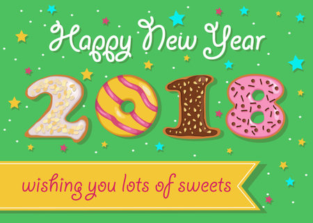 Happy New Year 18 Numerals Are As Sweet Colorful Donuts Yellow Banner With Text Wishing You Lots Of Sweets Green Background With Stars And Spray Vector Illustrationのイラスト素材 ストックフォト 写真素材のstock Foto ストックドットフォト