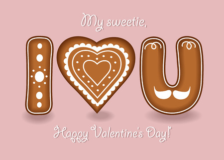 I love you. Gingerbreads letters and heart with white cream decor. My sweetie, Happy Valentines Day. Vector Illustrationのイラスト素材
