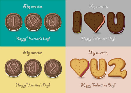 Set of romantic texts - I love you, chocolate sweet cookies are as letters, hearts and numbers. Vector Illustrationのイラスト素材