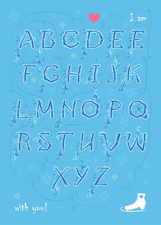 Alphabet with blue letters, a white skate and red heart.のイラスト素材