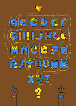Artistic alphabet with encrypted romantic message Will you go with me? Cartoon blue letters with bright decor. Male and female hands looking at each other. Yellow question mark. Vector Illustrationのイラスト素材