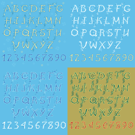 Set of Letters and Numbers. Blue and White Winter Alphabets. Green Christmas Font with Red Numerals. Vector Illustrationのイラスト素材