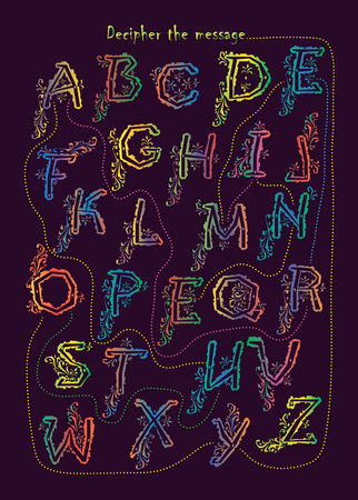 Artistic alphabet with encrypted romantic message - You are mine. Colorful letters with graceful decor. Black background. Illustrationの写真素材