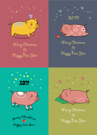 Christmas New Year 2019 Set. Funny cartoon pigs with crown, apple, skates and pillow. Vector Illustrationのイラスト素材