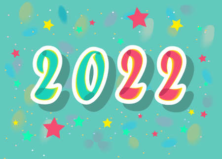 New Year red and green number 2022 with painting effect and white outlines. Blue background with colorful confetti. Vector Illustrationのイラスト素材
