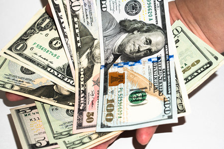 U.S. dollars in hand on a white background, american dollars