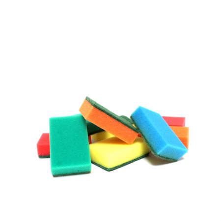 Heap multicolored lgbt sponges for washing dishes isolated on white backgroundの写真素材