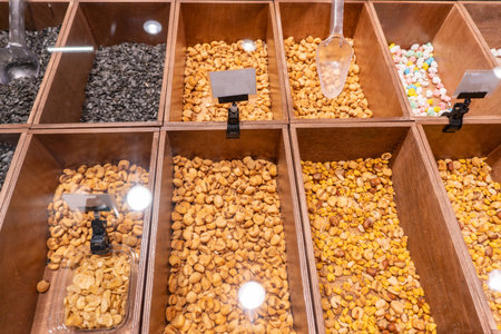 Dry Nuts Mix Assortment in Store Showcase. Organic Hazelnut and Peeled Almond Sell in market....