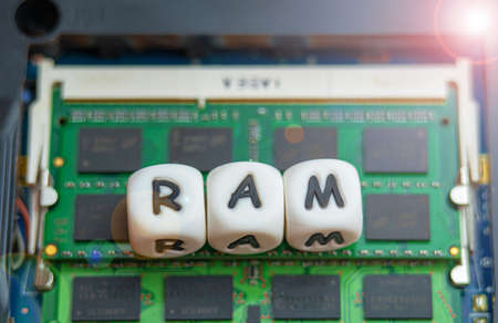 Laptop RAM concept, the inscription RAM is located on the laptop RAM chipの写真素材