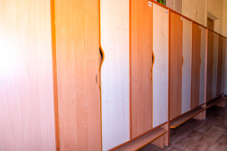 Colorful wooden lockers. Kids study. Children cabinet lockers. school.の写真素材