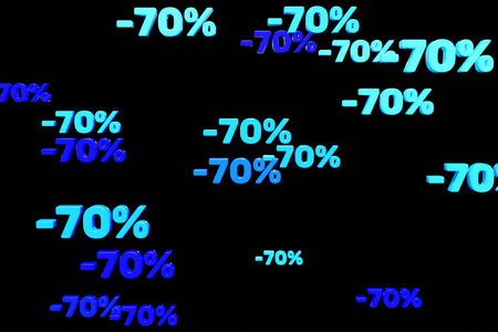 Blue minus seventy percent symbols fall down isolated on black background 3d render. Concept of discounts, sales, seasonal promotions, black friday, singles day and shopping 1111の写真素材