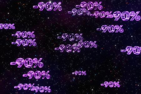 Purple minus ninety percent symbols fall down isolated on black background 3d render. Concept of discounts, sales, seasonal promotions, black friday, singles day and shopping 1111の写真素材