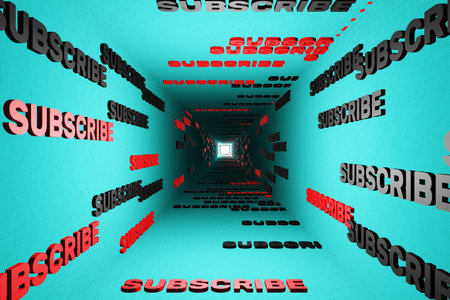 Subscribe button text in blue tunnel background 3d render. Subscribe to this channel. Social network mediaの写真素材