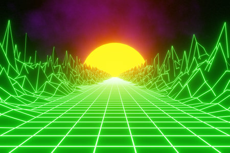 Green retro futuristic technology background 3d render, 80s retro background, 90s futuristic sci-fi. Synthwave retro, outer space, star sky, sun and nebulaの写真素材