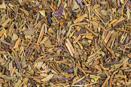 Dried basil spice background. Dry italian seasoning basil. Spices and herbs for cookingの写真素材
